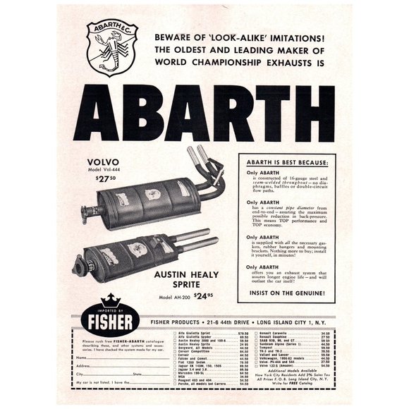 1962 Abarth Performance Exhaust Vintage Print Ad Austin Healy Sprite Volvo - Picture 1 of 1